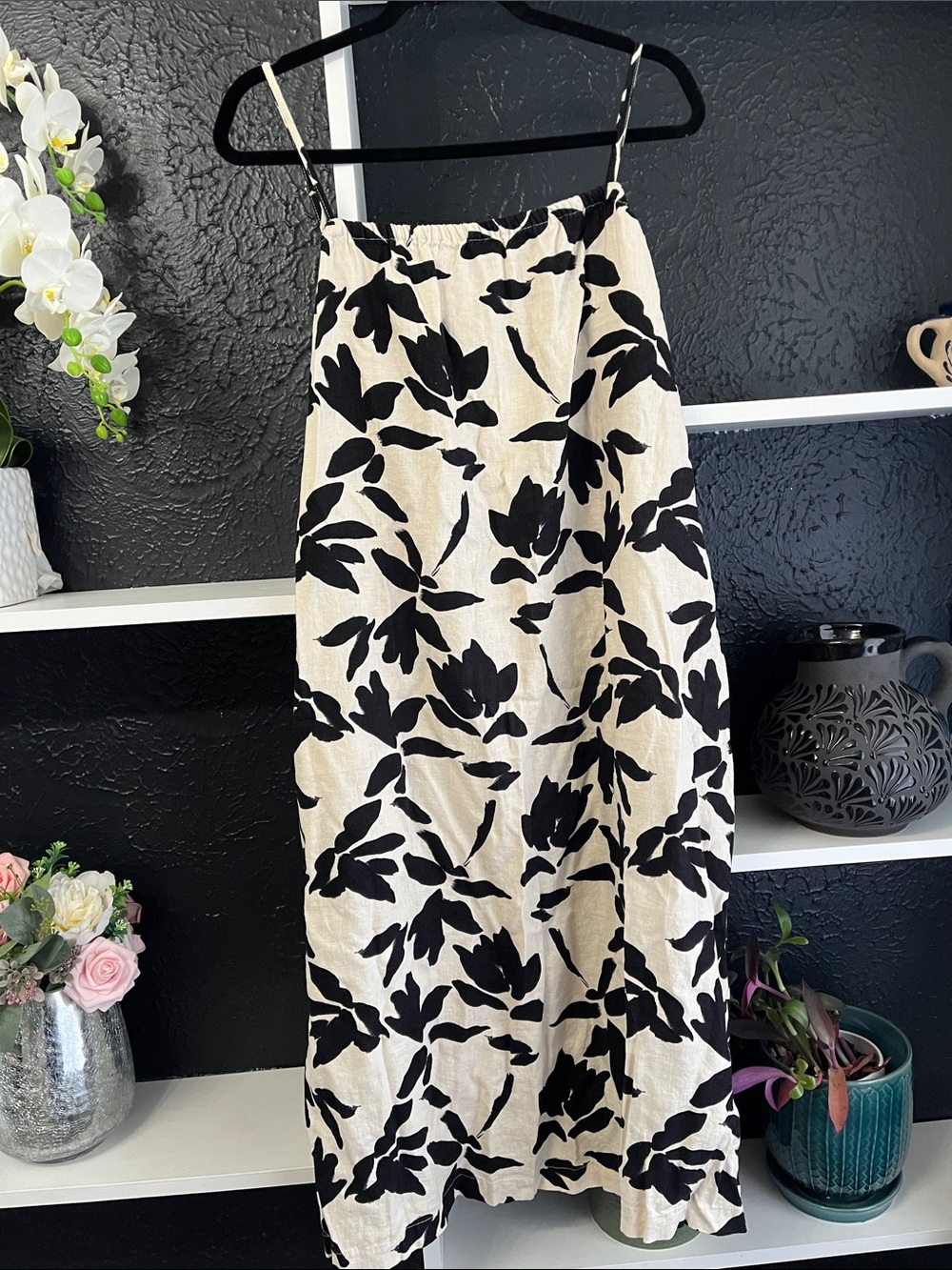 Cream Midi Dress with Black Floral Print with pockets